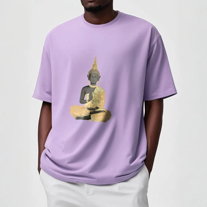 Meditating Buddha mindfulness t-shirt detail shot showing print quality and cotton texture
