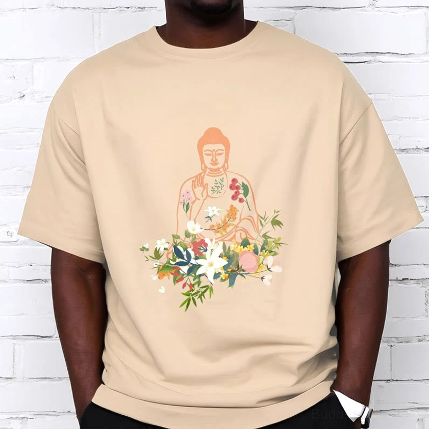 Buddhist meditation t-shirt detail shot showing white ink floral Buddha print quality