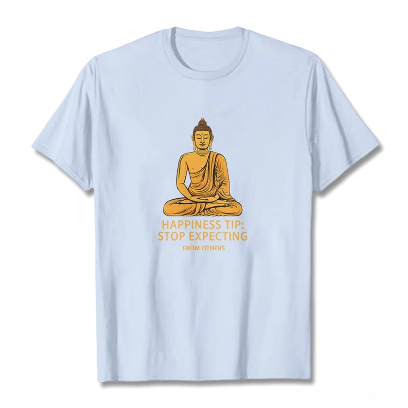 Buddhist mindfulness graphic t-shirt product detail showing golden Buddha print quality and cotton fabric texture