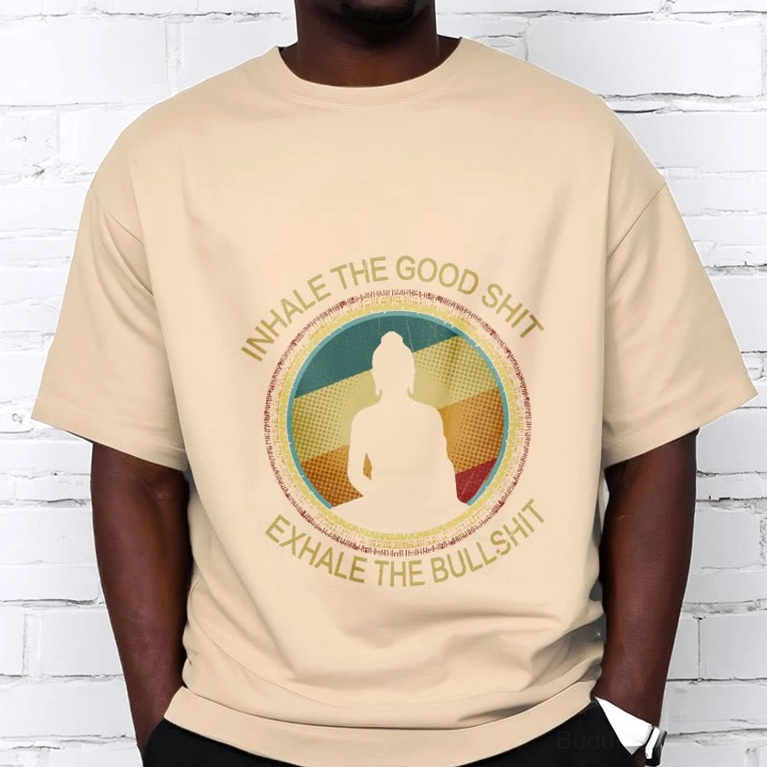 Unisex Buddha meditation cotton tee detail shot showing quality white ink screen print