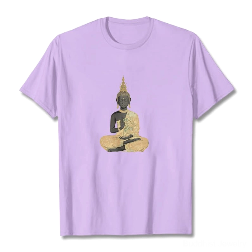 Light purple meditating Buddha cotton t-shirt front flat lay with spiritual design print
