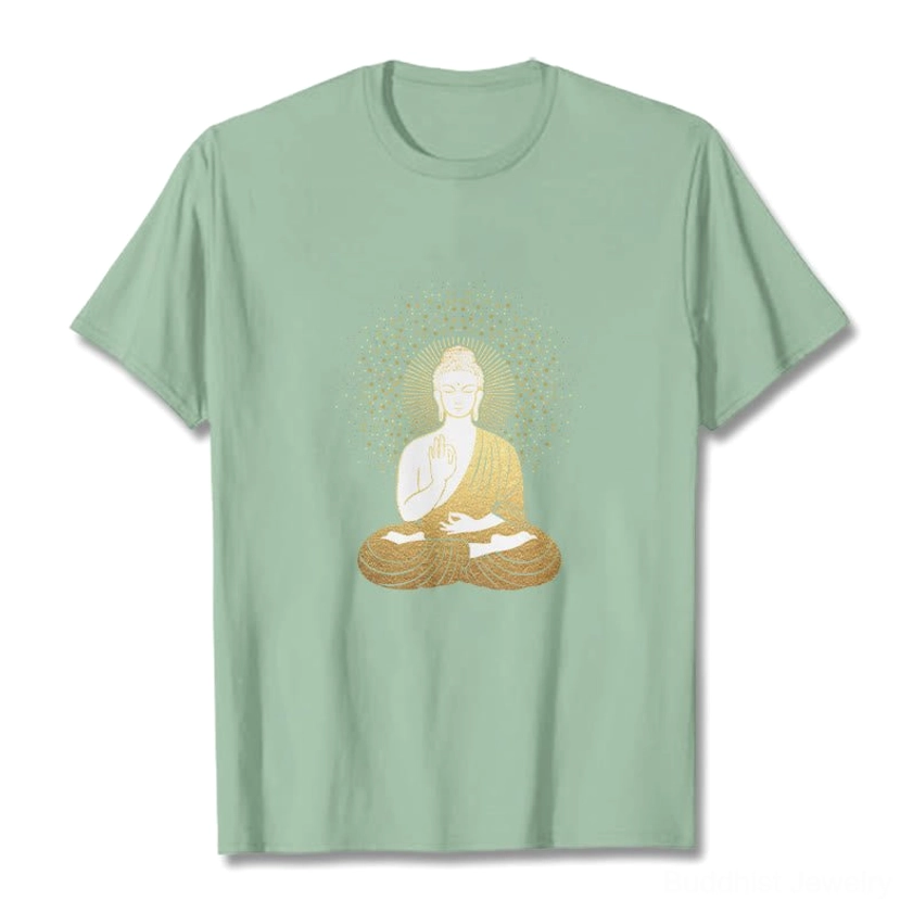 Buddhist meditation Buddha golden aura t-shirt quality print detail shot wearable spiritual art