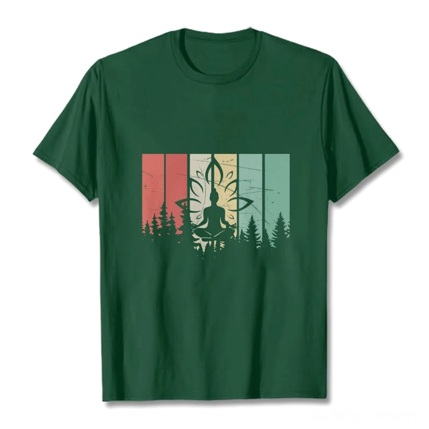 Side view of Buddhist spiritual meditation t-shirt displaying crew neck and relaxed fit silhouette