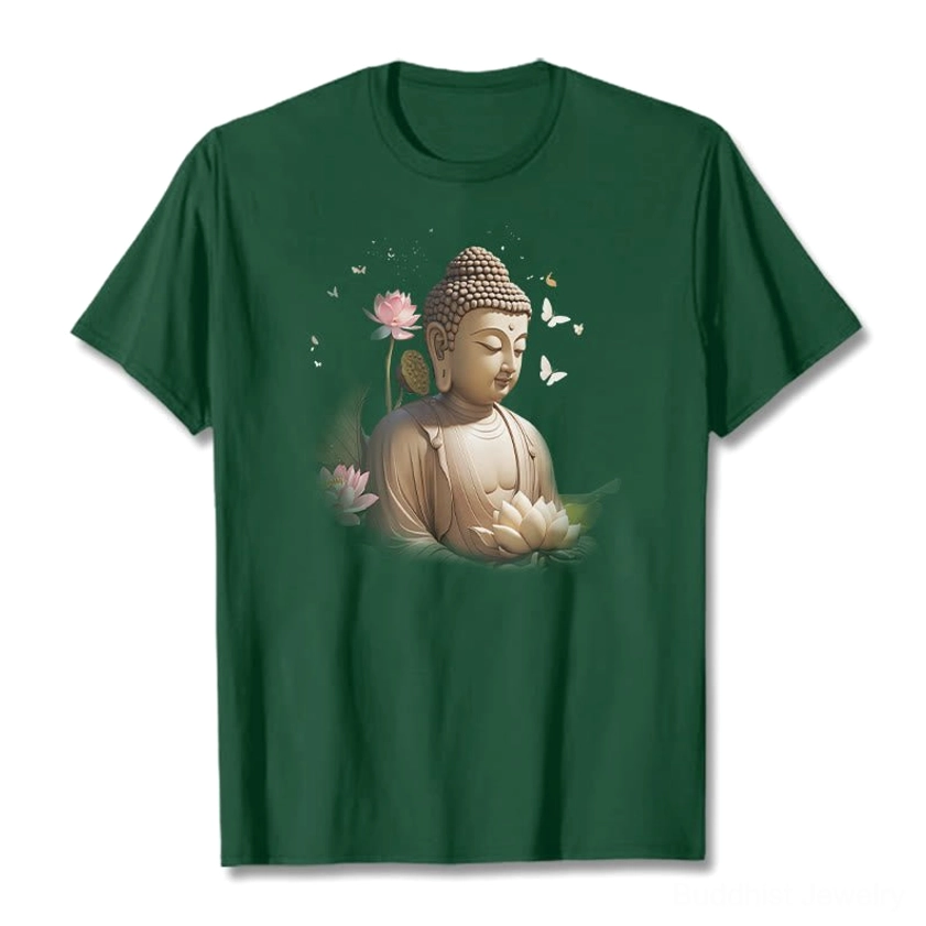 Buddhist meditation graphic t-shirt sizing guide and details