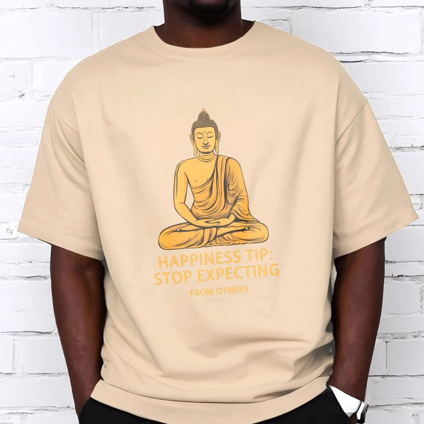 Buddhist graphic t-shirt size comparison and fit guide showing different sizes for reference