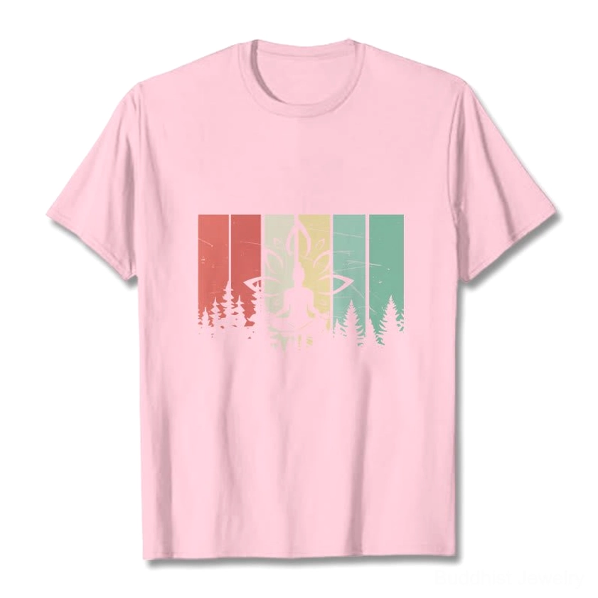 Buddhist lotus meditation t-shirt layered styling with casual accessories and complementary fashion pieces
