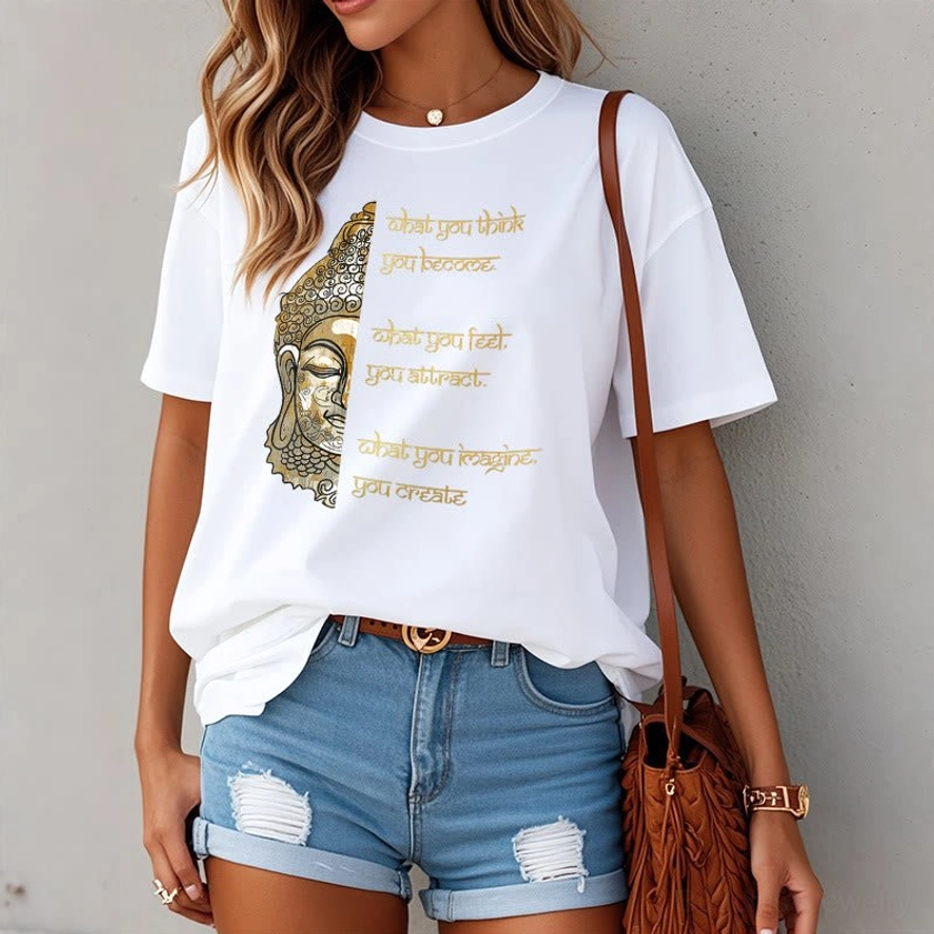 Woman in white Buddhist affirmation t-shirt with gold printed Buddha graphic indoor neutral setting