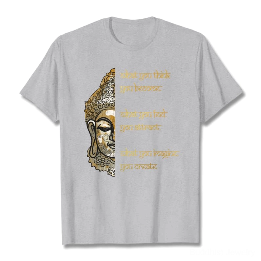 White Buddha mindfulness affirmation t-shirt overhead flat lay with gold printed positive thinking design