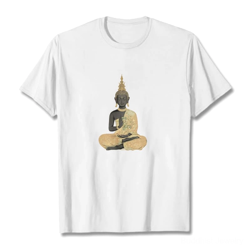 White meditating Buddha cotton t-shirt front flat lay studio view