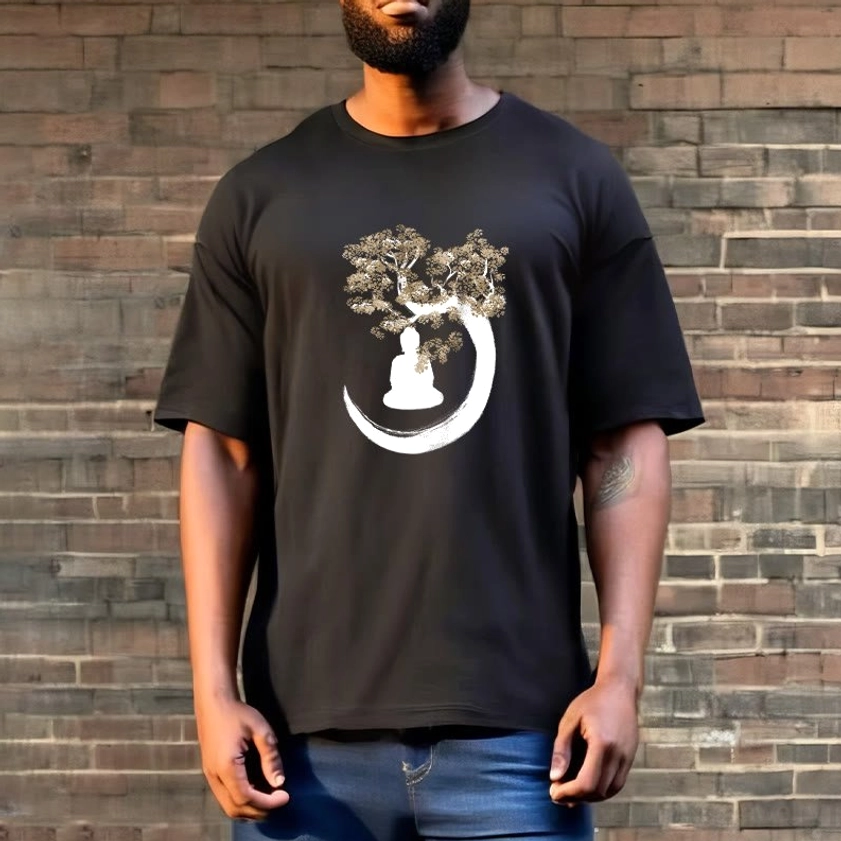Male model wearing black Buddhist enlightenment t-shirt with white Buddha and tree spiritual artwork