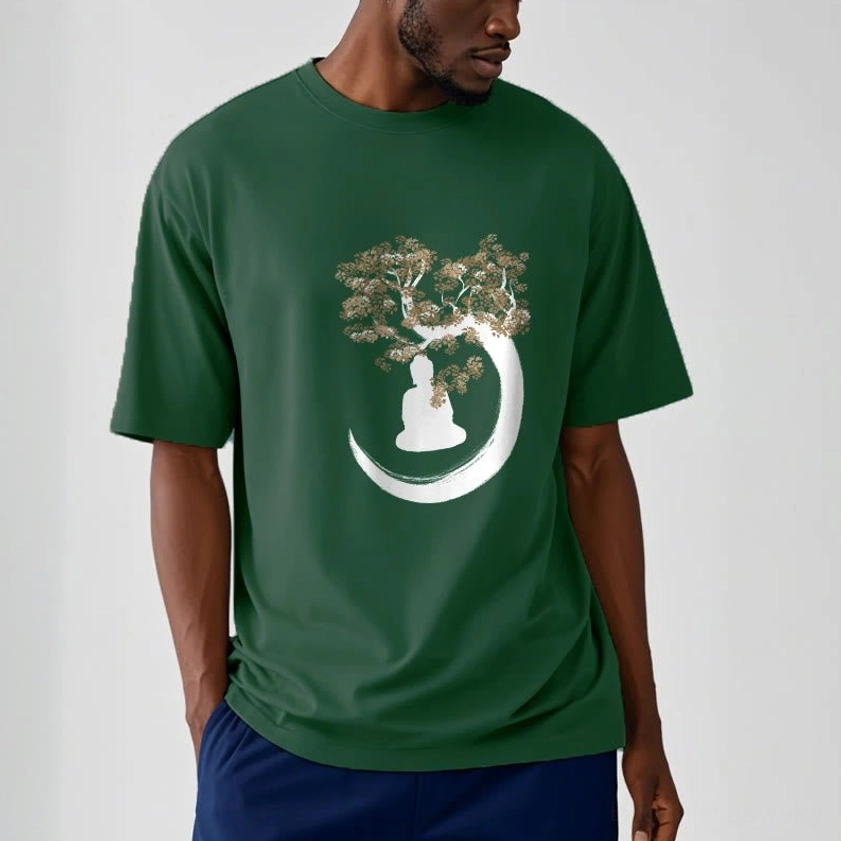 Male model wearing dark green Buddhist enlightenment t-shirt with Buddha tree print and crescent moon motif