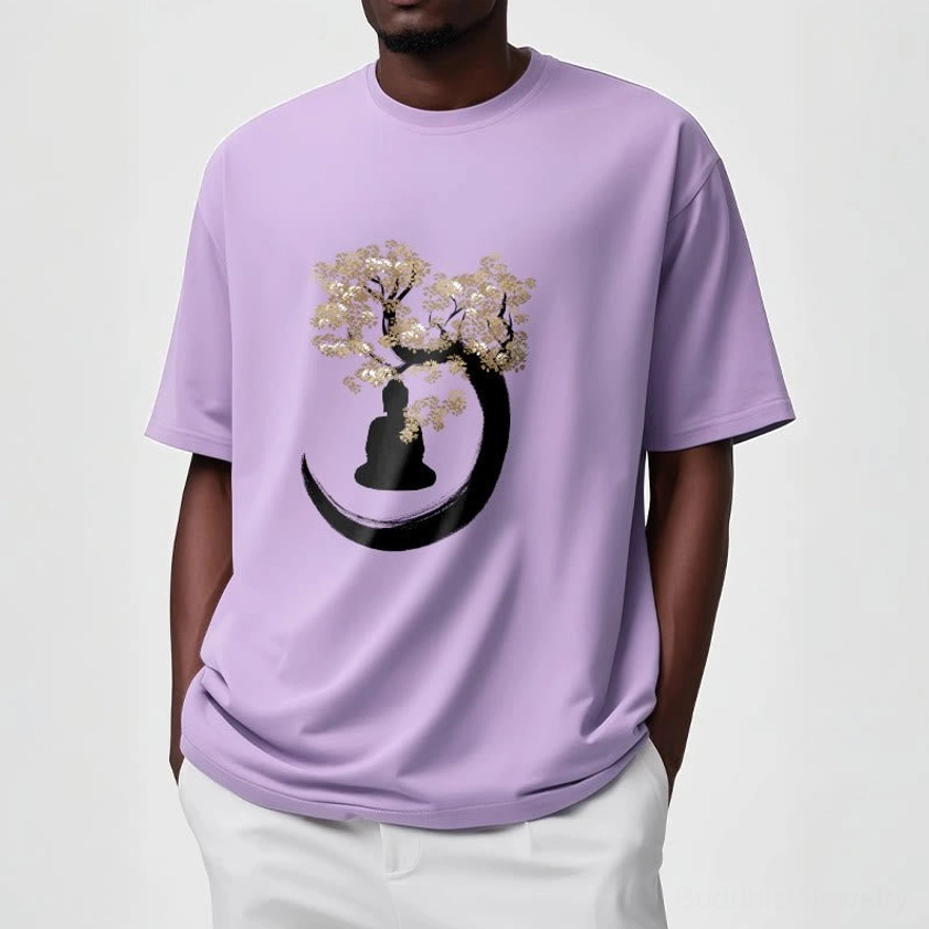 Male model wearing light purple Buddhist meditation t-shirt with spiritual tree and crescent design