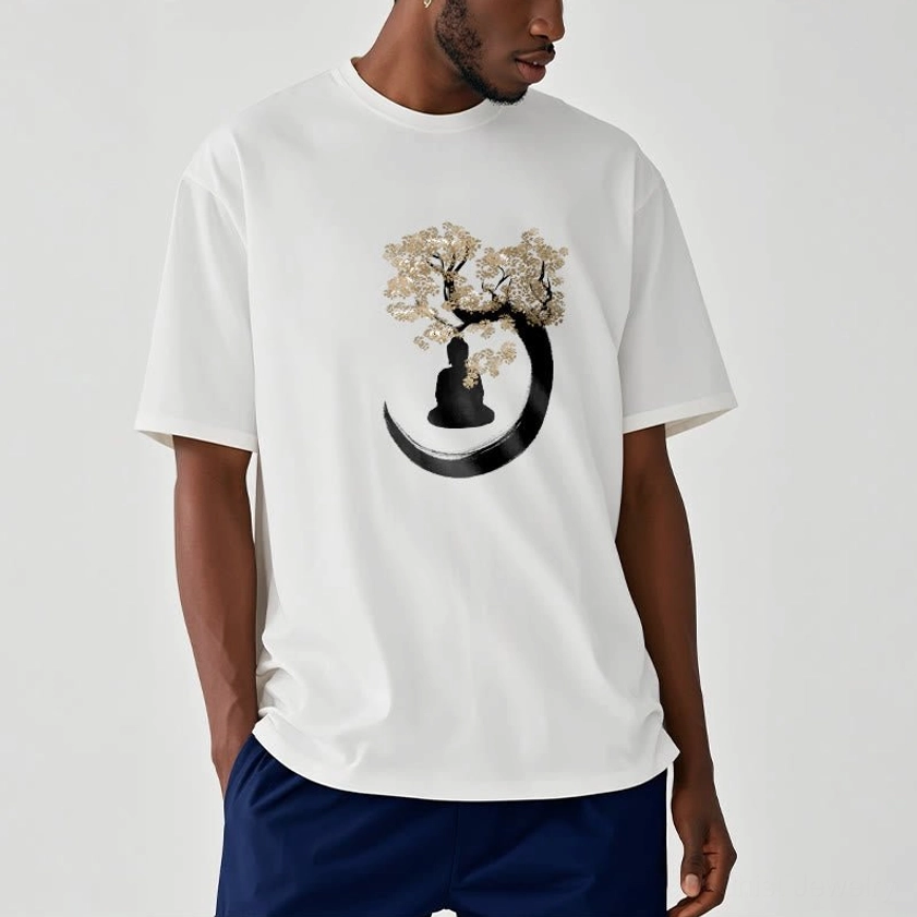Close-up detail of Buddha enlightenment print on premium cotton Buddhist t-shirt fabric