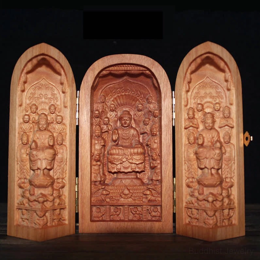 Buddha tri-fold cherry wood altar shrine with serene Buddha figure for home meditation and spiritual practice