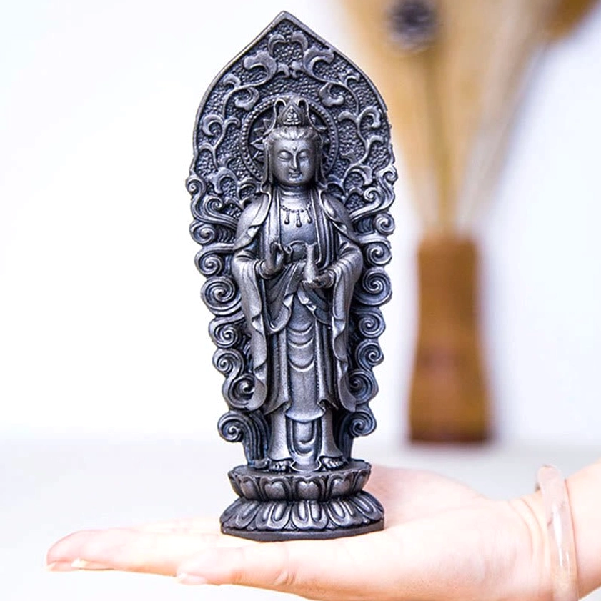 Artistic rendering of Buddhist trinity statue showing creative carving interpretation of Amitabha Buddha compassion and spiritual wisdom themes