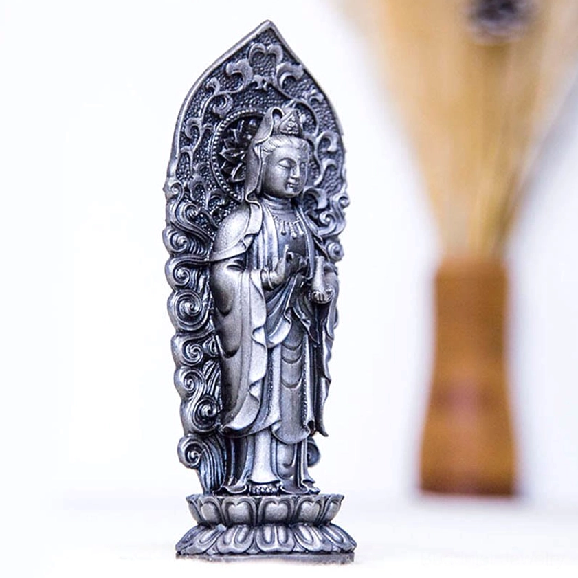 Dimensional depth of Amitabha Buddha trinity statue showing intricate layered carving and three-dimensional Buddhist iconographic representation