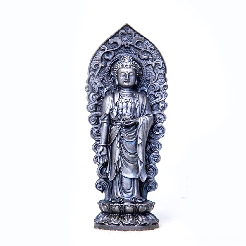 Polished bronze finish Amitabha Buddha trinity statue with lotus pattern base showing refined artistic execution and spiritual craftsmanship