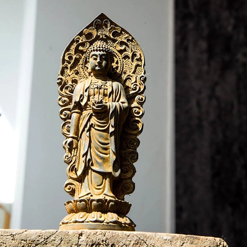 Polished Buddhist trinity statue showing refined bronze tone finish and detailed iconographic carving of Amitabha Buddha, Guanyin and Mahasthamaprapta