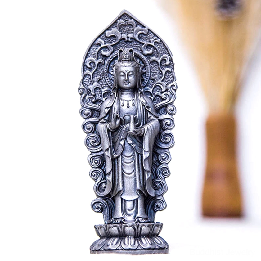 Spiritual symbolism detail shot of Buddhist trinity statue showing sacred geometry and enlightenment symbols in handcrafted iron powder sculpture