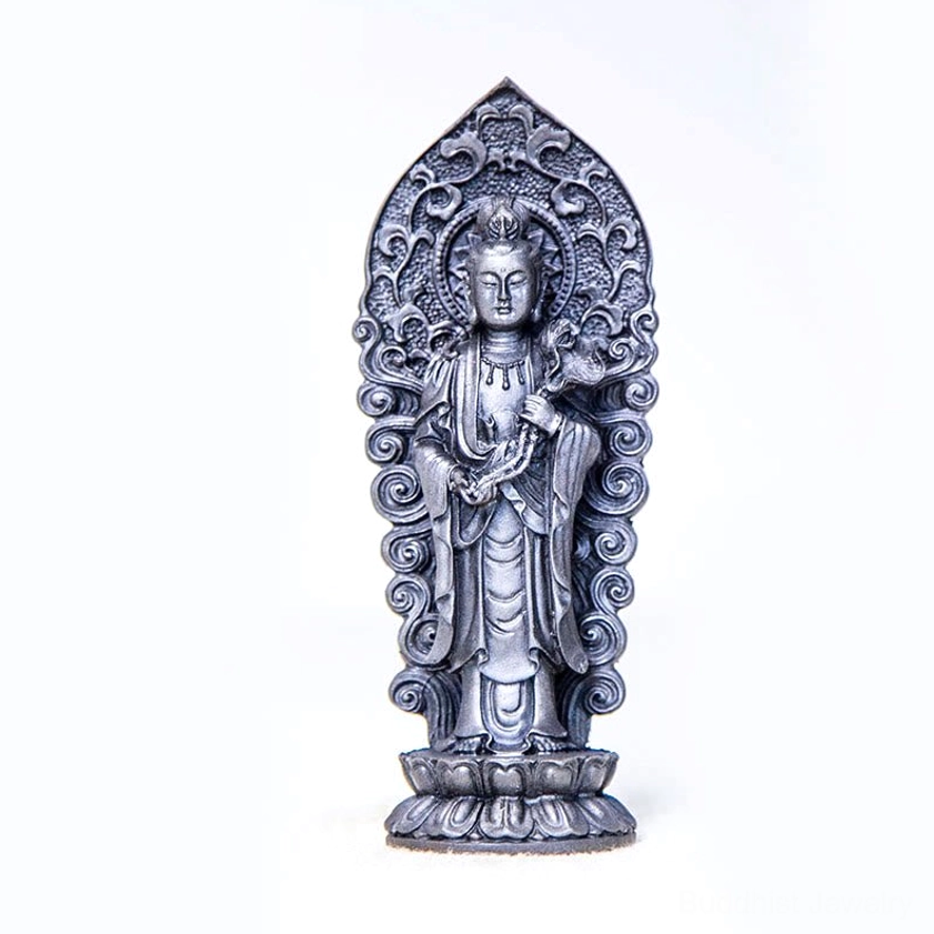 Buddhist trinity statue variation showing alternative carving pattern and artistic interpretation of Amitabha Buddha sacred symbolism in handmade resin