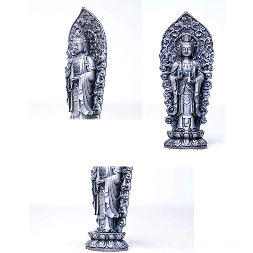 Illuminated presentation of handcrafted Buddhist trinity statue highlighting spiritual energy and peaceful contemplation qualities of meditation sculpture