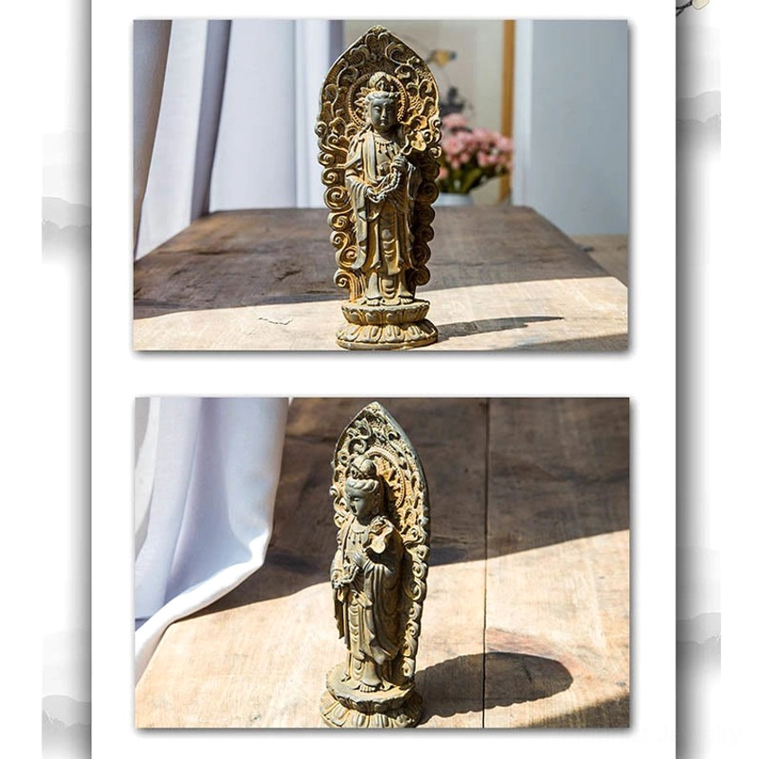 Multiple viewing angles of handcrafted Amitabha Buddha trinity statue showing frontal and angled side profile on wooden tabletop with rusty weathered finish