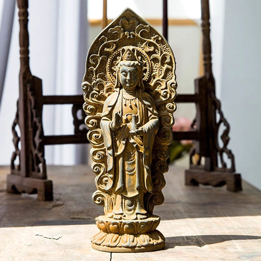 Detailed overhead view of Buddhist trinity statue composition showing balanced arrangement of Amitabha Buddha, Guanyin and Mahasthamaprapta figures
