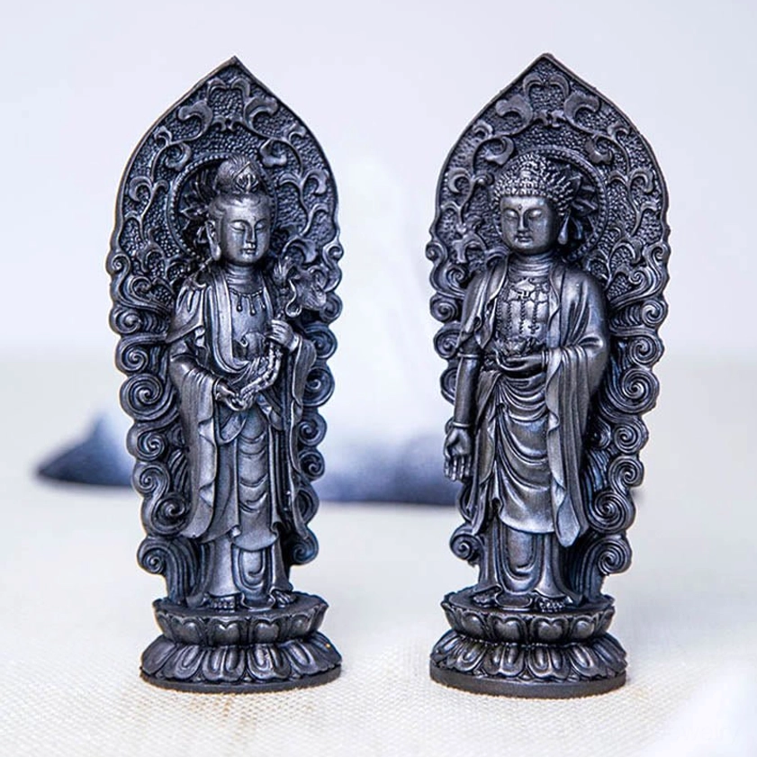 Tabletop display setup for Amitabha Buddha trinity statue showing ideal placement and room ambiance for meditation and mindfulness practice space
