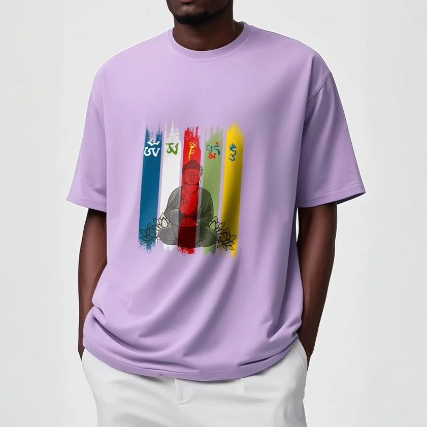 Buddhist spiritual t-shirt fabric close up showing premium 100% cotton quality and print durability