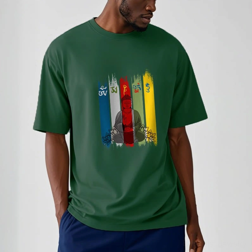 Pale green dark forest Buddhist print t-shirt on male model half body front with navy blue pants