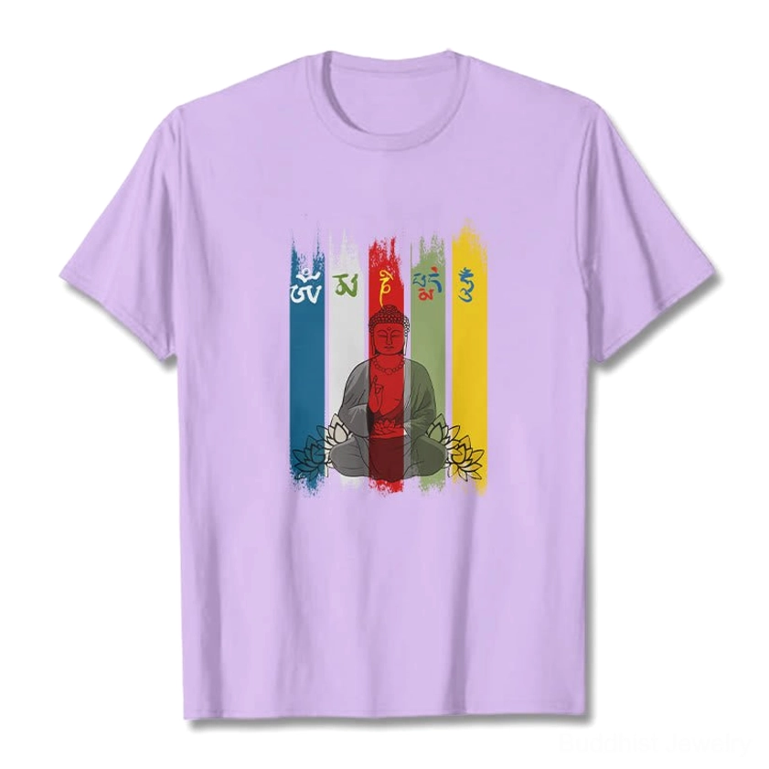 Plum purple Buddhist Buddha lotus mantra t-shirt flat lay front studio showing sacred print