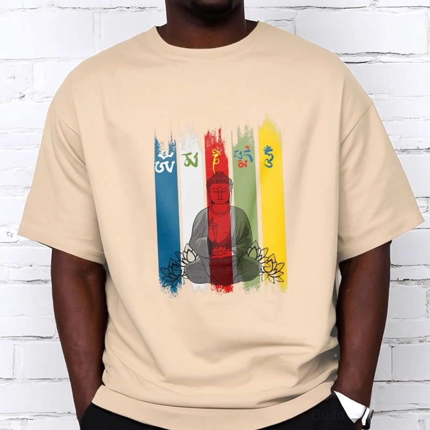 Buddhist mantra cotton t-shirt detail close up showing Om Mani Padme Hum Sanskrit design quality print