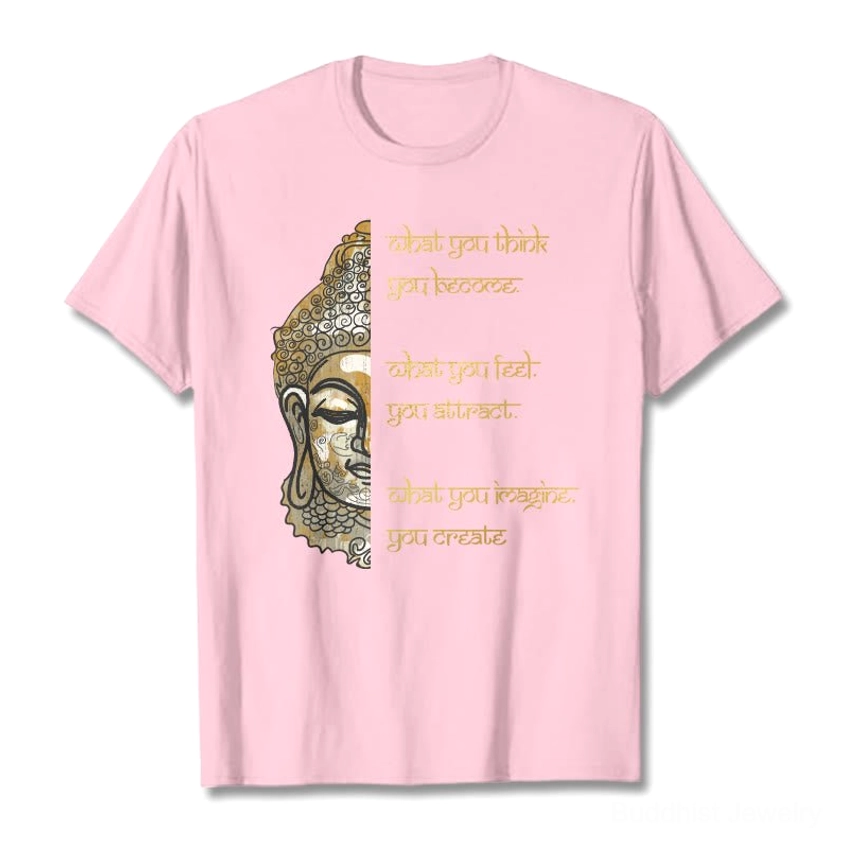 Light grey Buddhist mindfulness t-shirt flat lay overhead with gold Buddha and affirmation quote