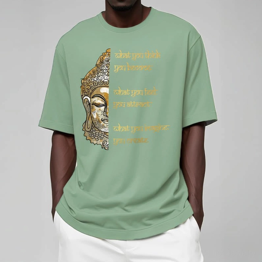Male model casual front view wearing light grey Buddhist what you think t-shirt with gold graphic