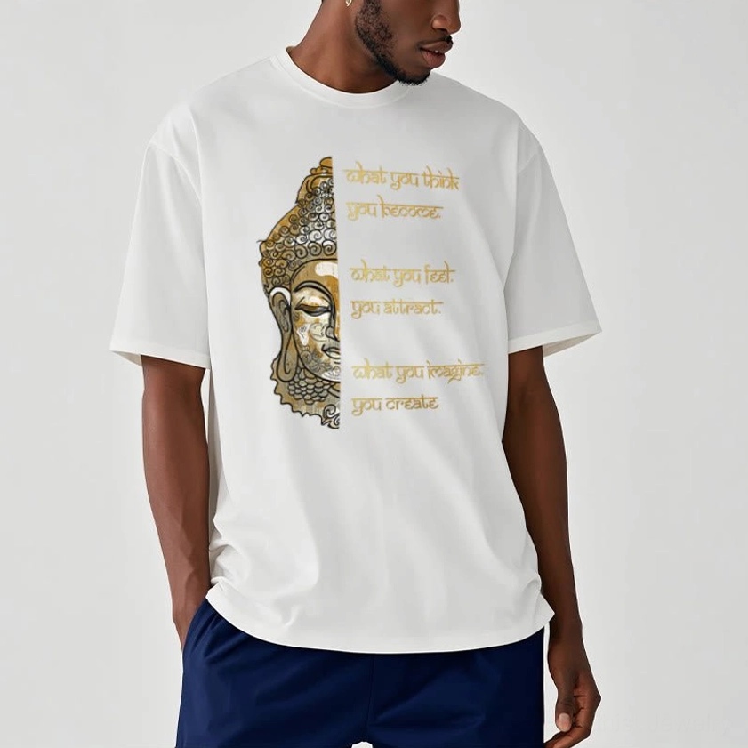 Male model front view wearing white what you think Buddha shirt with gold manifestation design