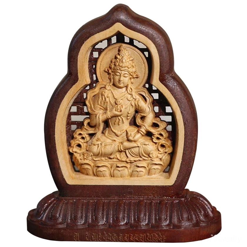 Hand-carved Buddha figurine with detailed lotus seat and sacred mudra gesture in two-tone wooden finish
