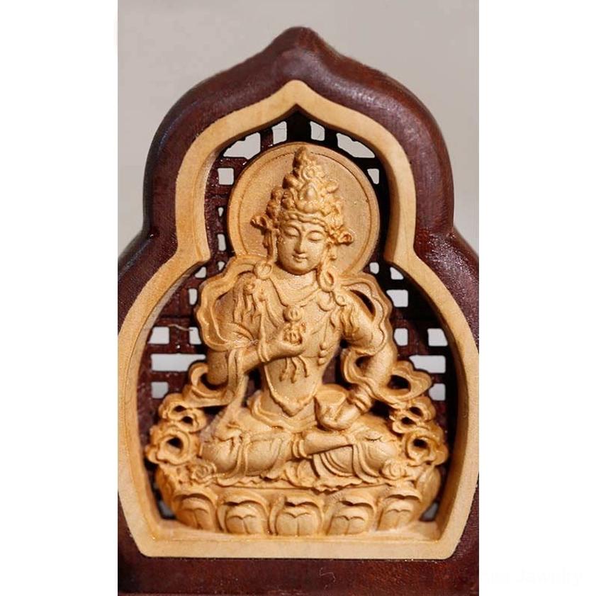 Hand-carved Vajrasattva Buddha wood statue front close-up showing intricate carving and prayer mudra detail