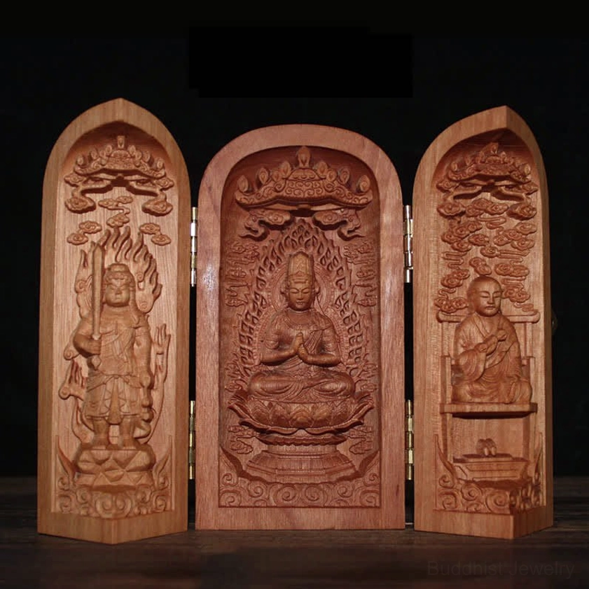 Carved cherry wood Buddhist altar shrine with flame and cloud details, guardian and Buddha statues, gilded hinges