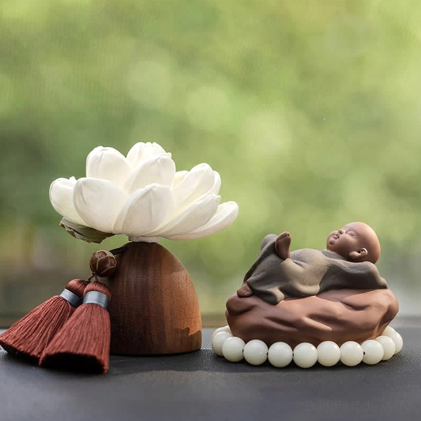 Buddhist Buddha altar shrine set with ceramic figurine and wooden lotus stand accessories