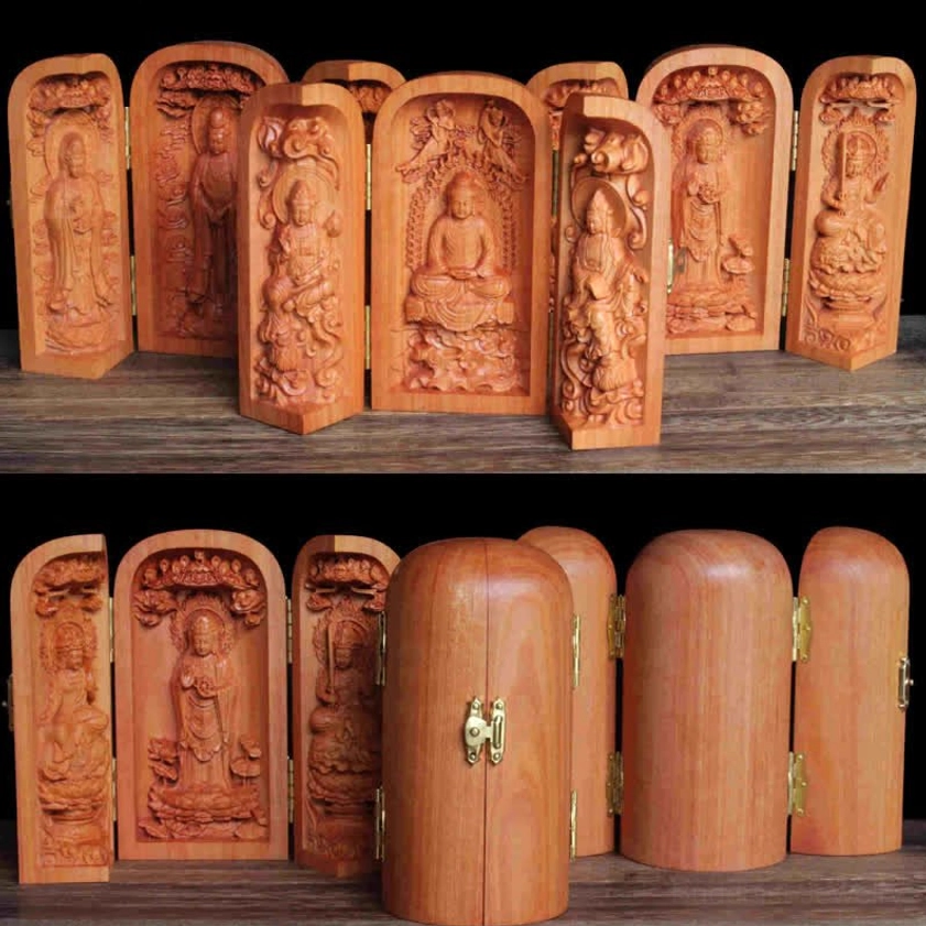 Collection of multiple tri-fold wooden Buddhist altar shrines showing various deity carvings and styles on wooden surface