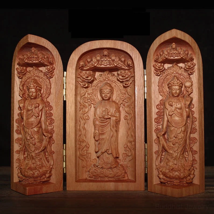 Buddhist altar shrine with standing Buddha and bodhisattvas, ornate top trim and gilded metal hinges