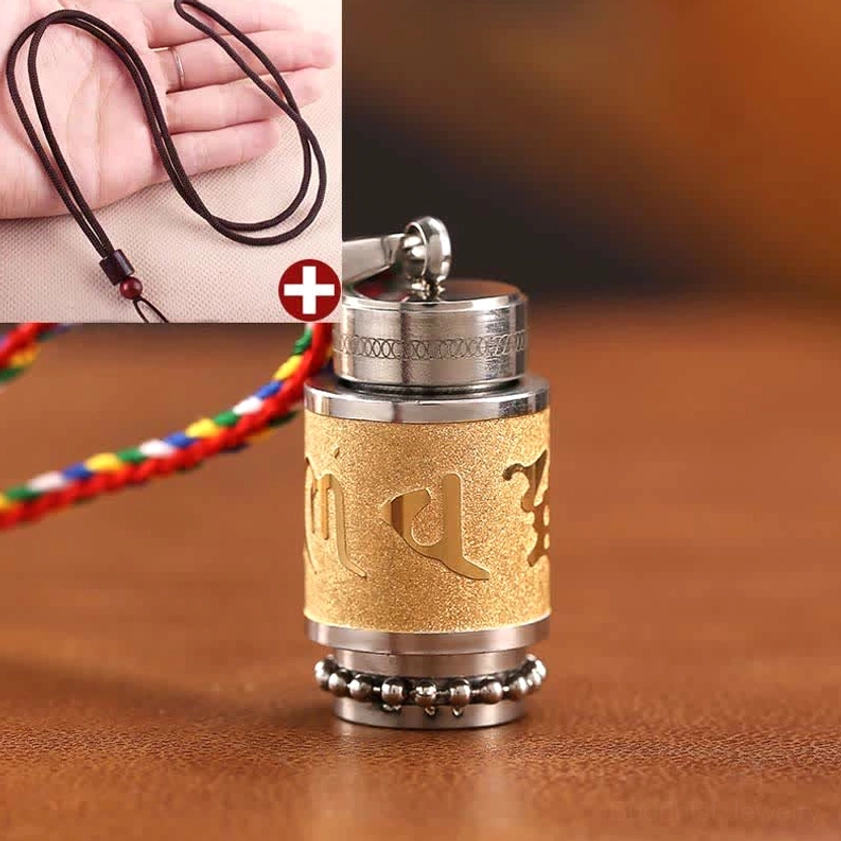 Buddhist wisdom amulet pendant gold-tone with brown woven lanyard natural aesthetic styling