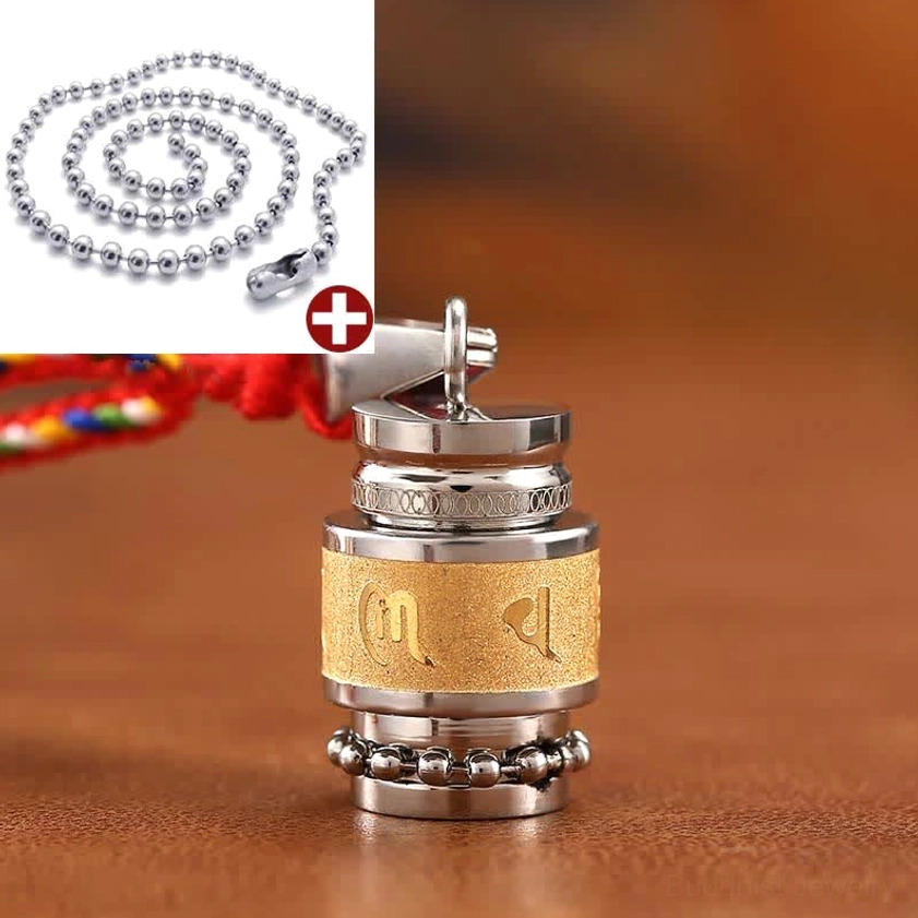 Om Mani Padme Hum amulet pendant with silver bead chain accessory collage shot