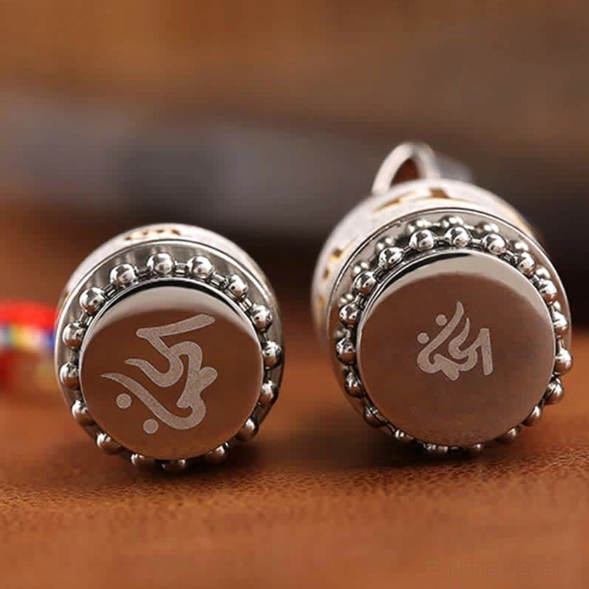 Sacred mantra buddhist amulet titanium steel silver finish with decorative elements lifestyle wear