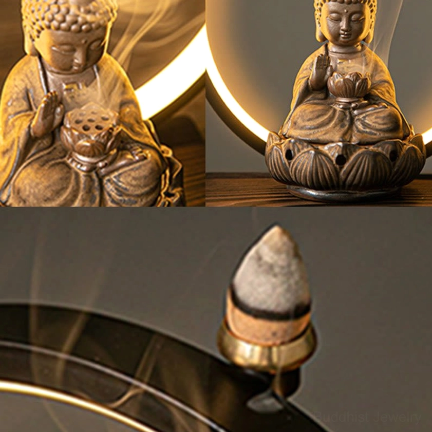 Complete Buddhist backflow incense burner with USB LED light and incense cones ready for spiritual practice and meditation
