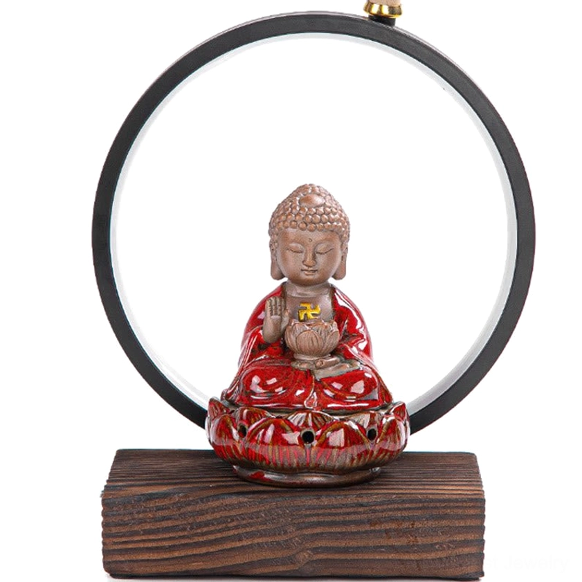 Buddhist incense burner with black metal LED ring light frame and solid wooden base on table display