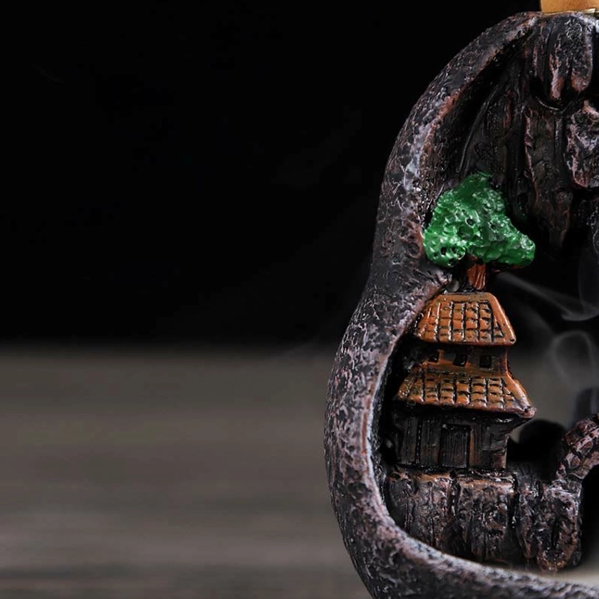 Buddhist meditation backflow incense burner with mountain village miniature sculpture