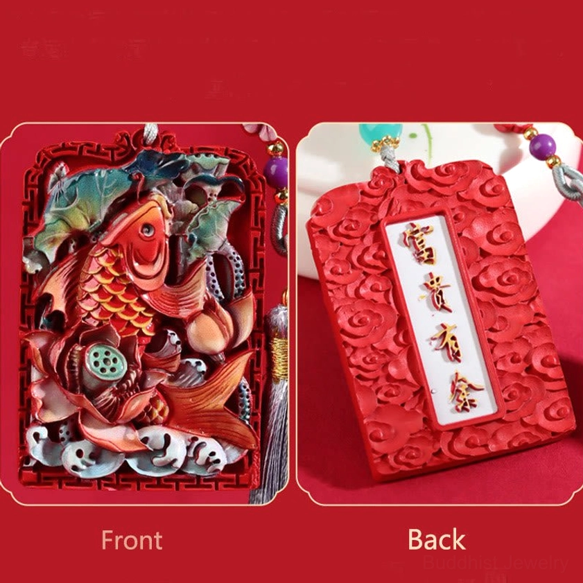 Buddhist blessing cinnabar car hanging featuring koi and lotus design with coordinating beaded components and protective amulet properties