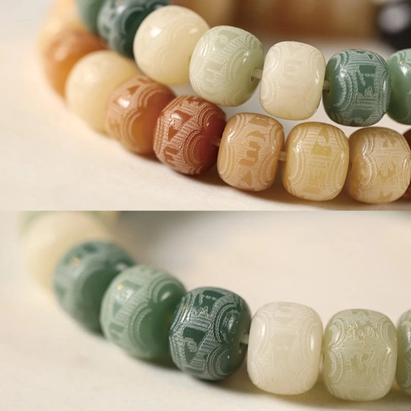 Buddhist bodhi seed Om Mani Padme Hum bracelet with protective obsidian cat head charm lifestyle