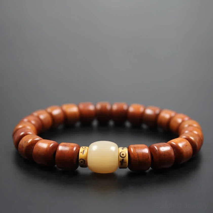 Buddhist bone beads bracelet with dark brown barrel beads and light central bead on dark gray background